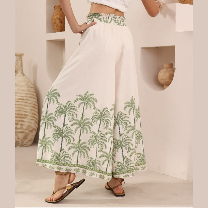 Palm Tree Print High Waisted Wide Leg Pants
