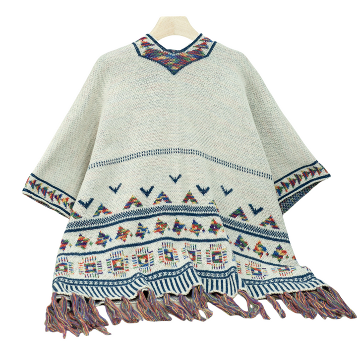 Bohemian Tribal Patterned Shawl with Fringe Detail Pancho