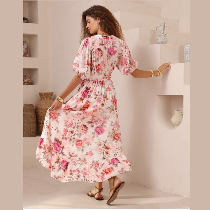 Evie Midi Dress - V Neck Wrap Dress with Ruffle High Low Hemline
