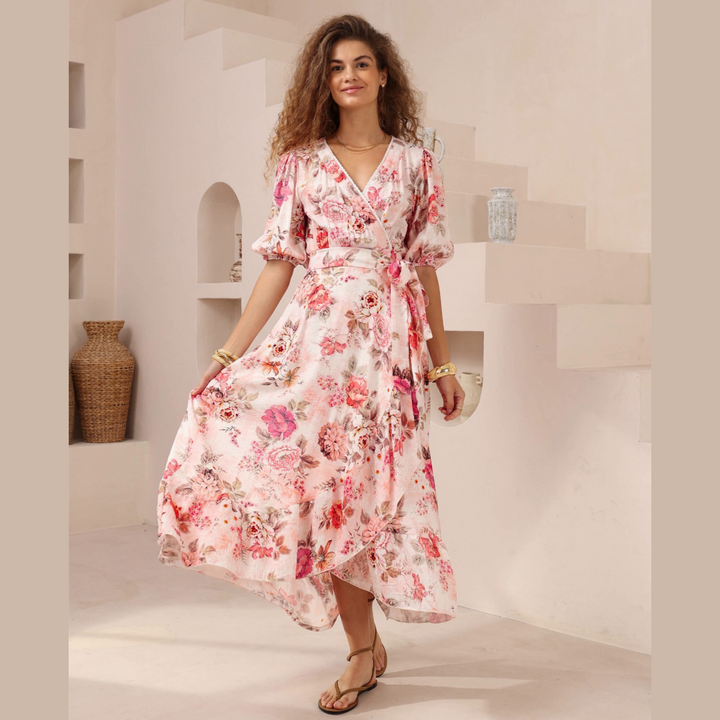 Evie Midi Dress - V Neck Wrap Dress with Ruffle High Low Hemline
