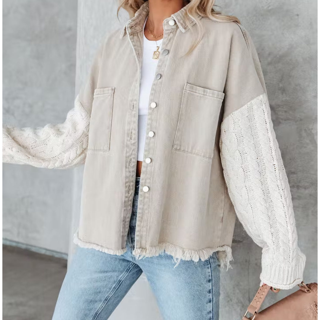 Denim Jacket  With Knit  Sleeves