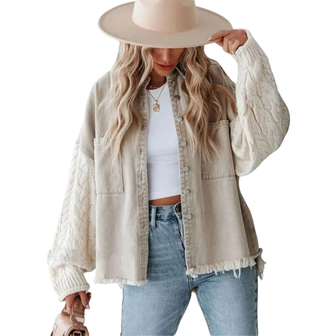 Denim Jacket  With Knit  Sleeves