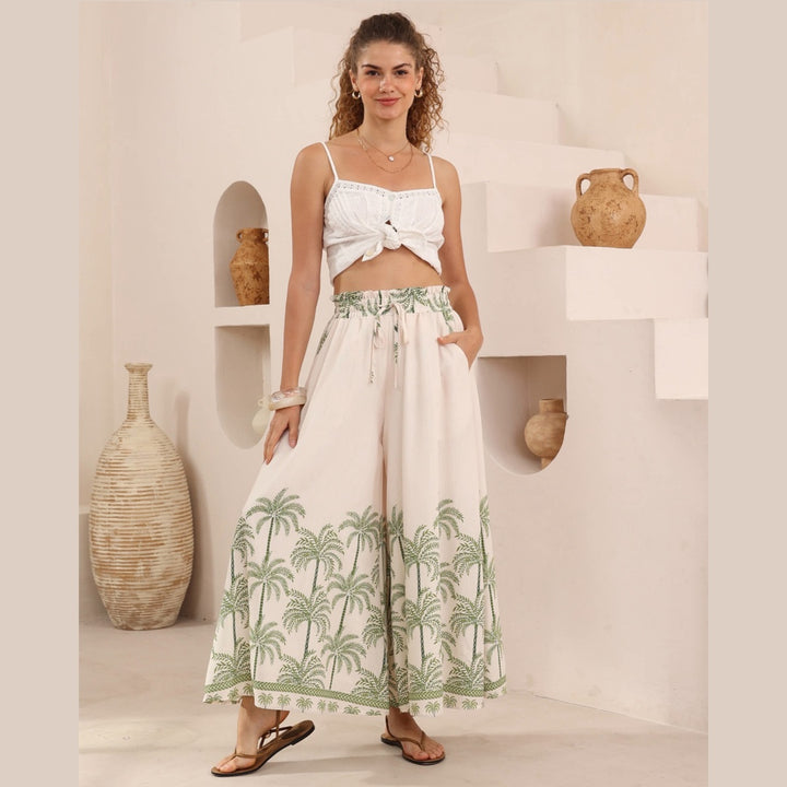 Palm Tree Print High Waisted Wide Leg Pants