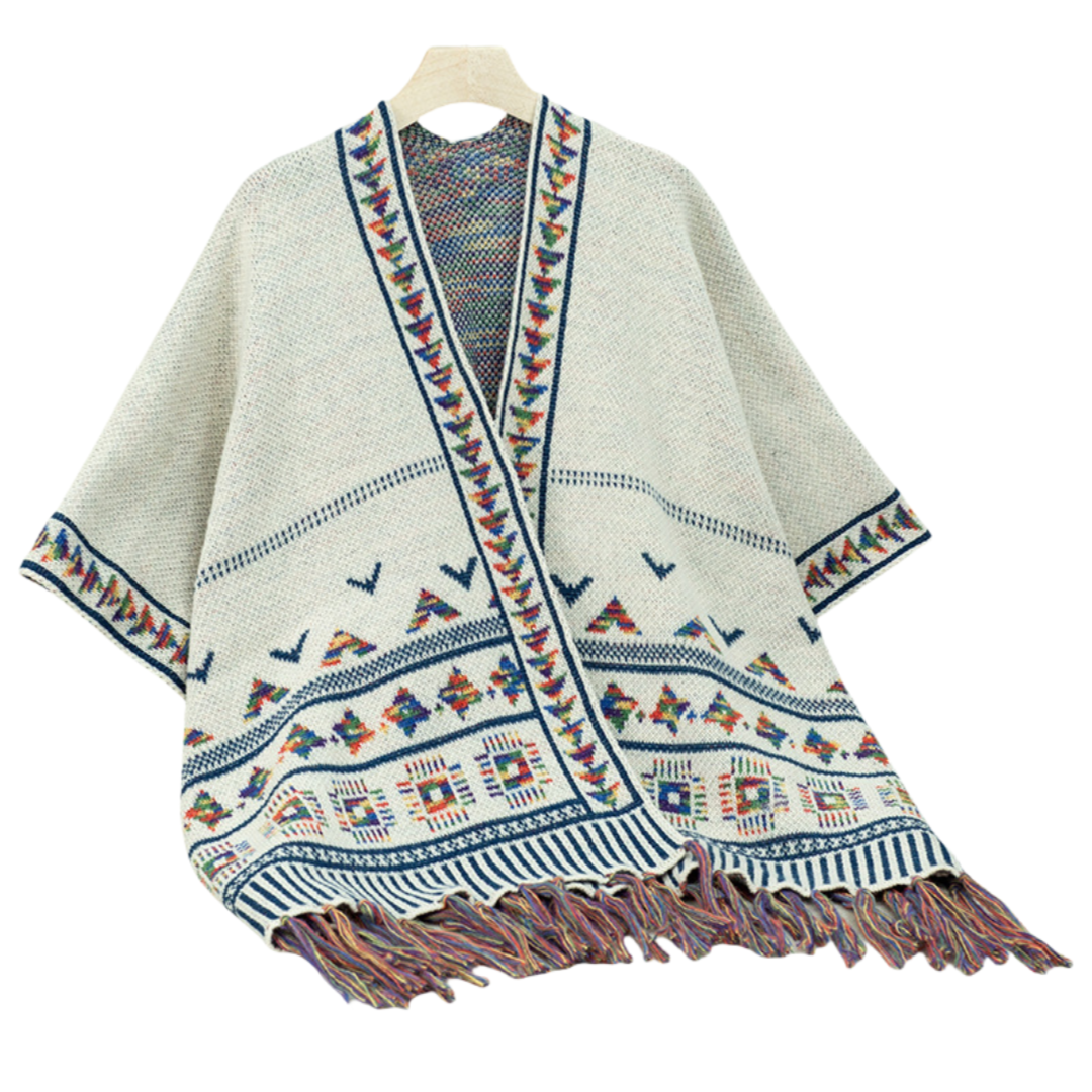 Bohemian Tribal Patterned Shawl with Fringe Detail Pancho