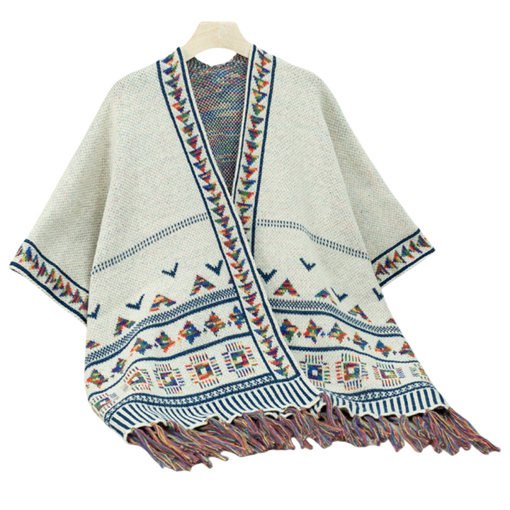 Bohemian Tribal Patterned Shawl with Fringe Detail Pancho