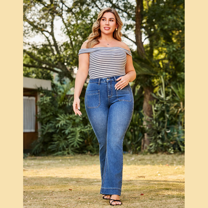 Cindy High waisted Flare Leg Stretch Jean in Medium Wash Denim