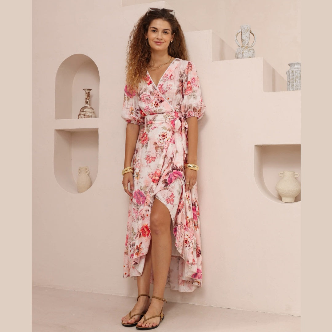 Evie Midi Dress - V Neck Wrap Dress with Ruffle High Low Hemline