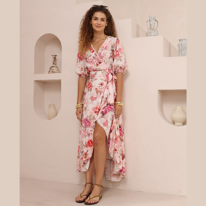 Evie Midi Dress - V Neck Wrap Dress with Ruffle High Low Hemline