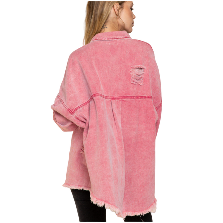 Distressed Raw Denim Jacket-Pink