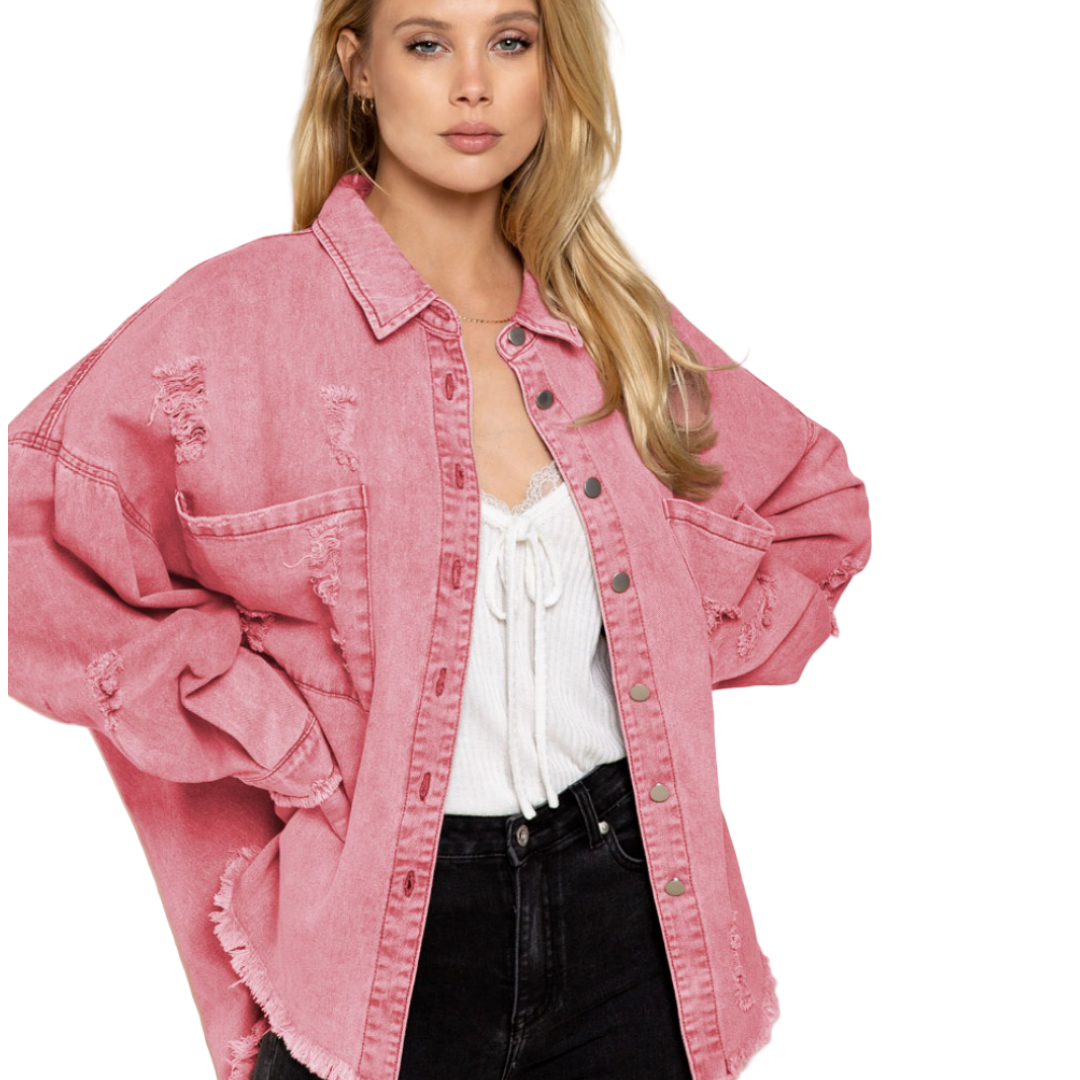 Distressed Raw Denim Jacket-Pink