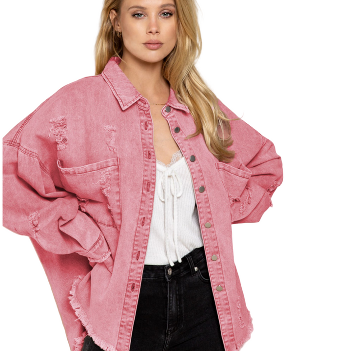 Distressed Raw Denim Jacket-Pink