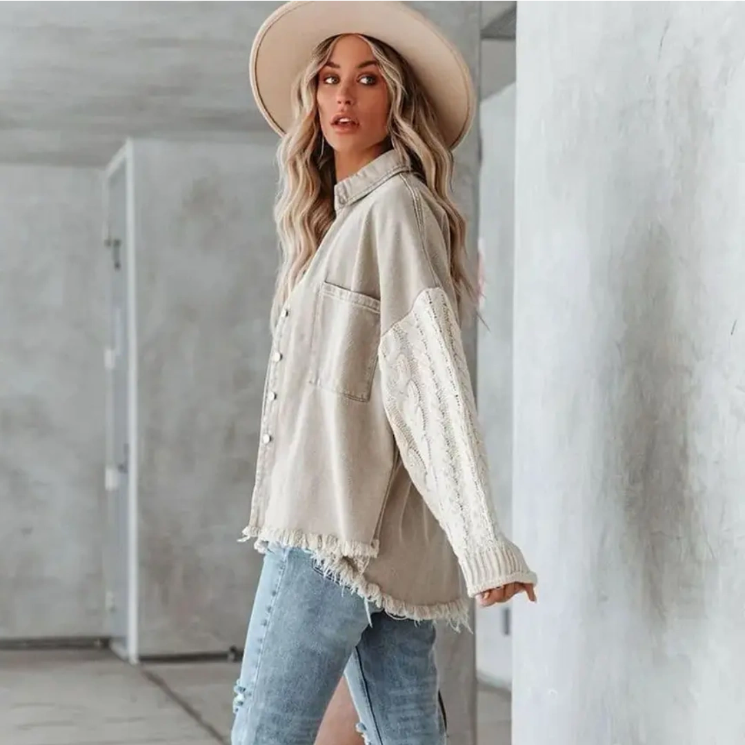 Denim Jacket  With Knit  Sleeves