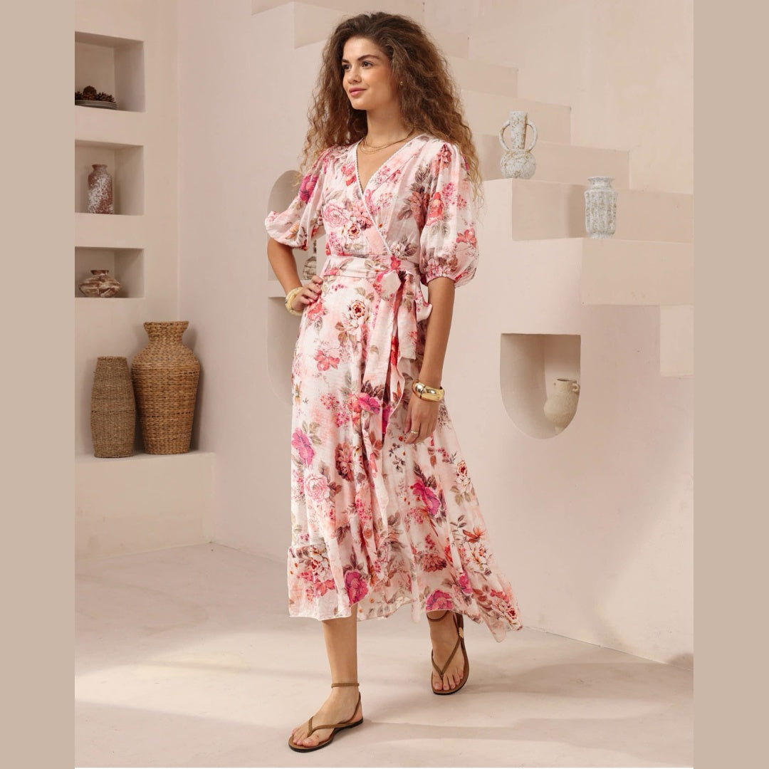 Evie Midi Dress - V Neck Wrap Dress with Ruffle High Low Hemline