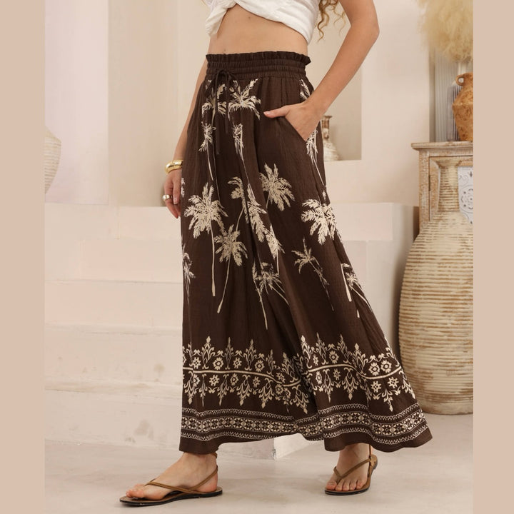 Brown Palm Tree  High Waisted Wide Leg Pants
