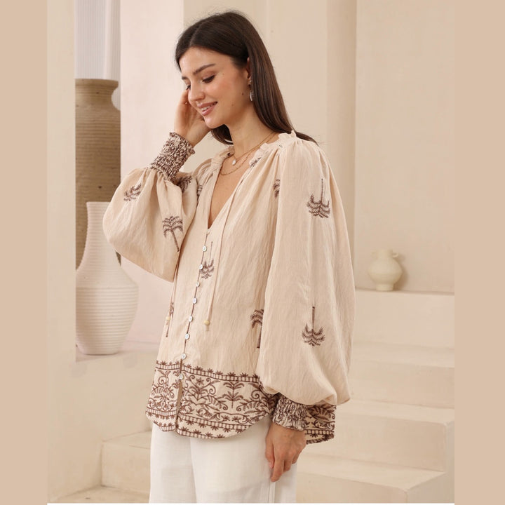 Melanie Blouse – Palm Embroidery Beige