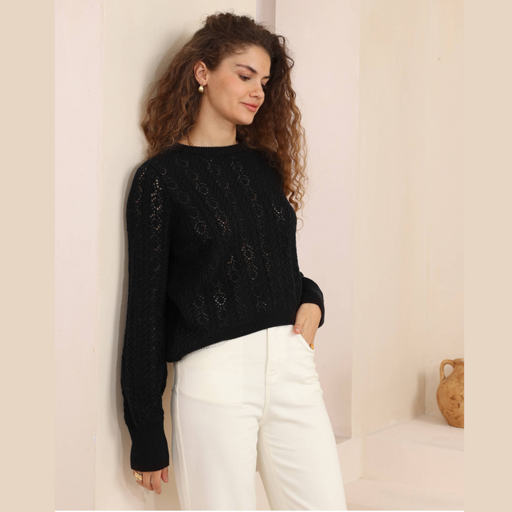 Luna Lace Knit Sweater – Black