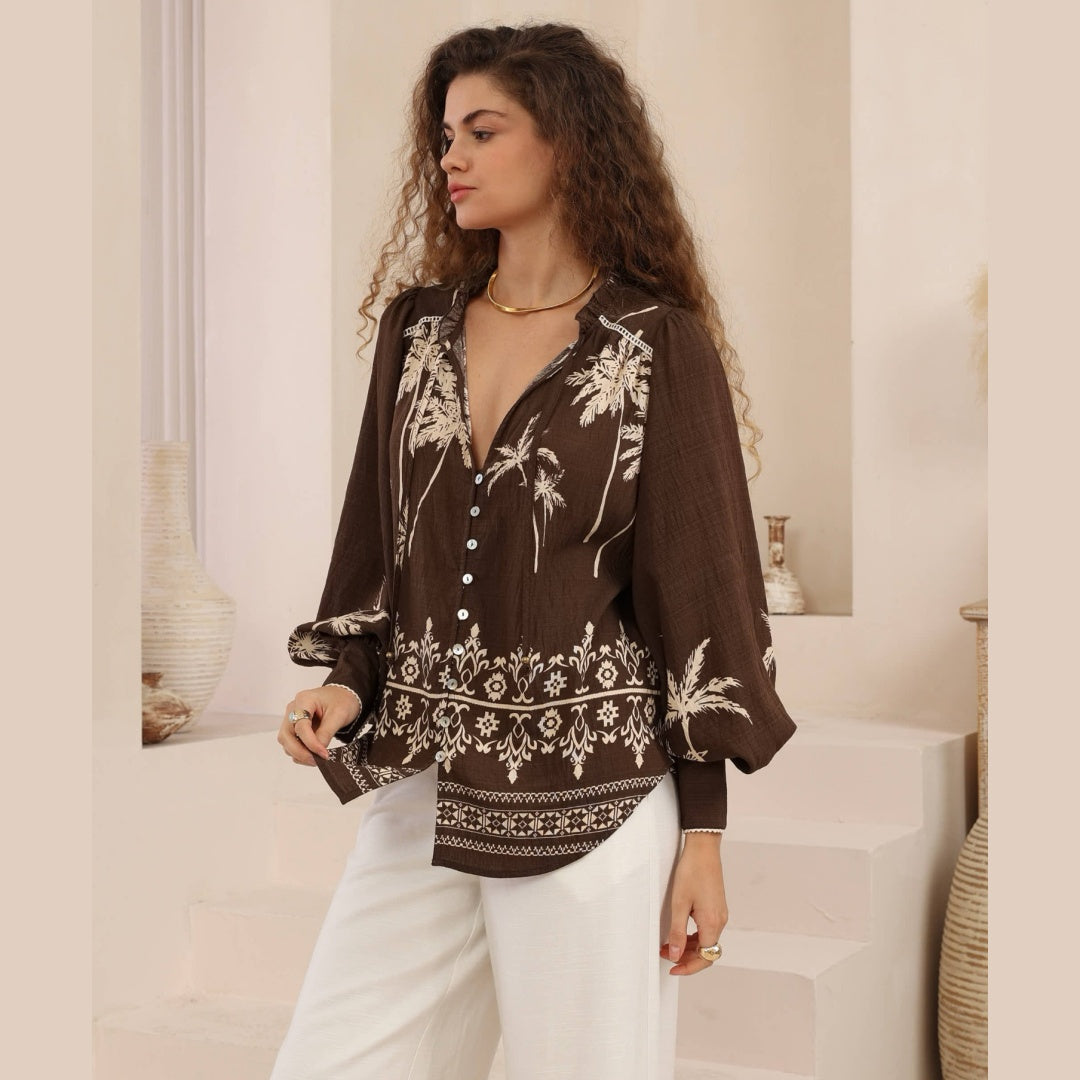 Brown Palm Tree Embroidery Resort Blouse