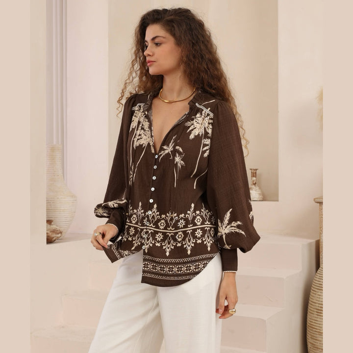 Brown Palm Tree Embroidery Resort Blouse