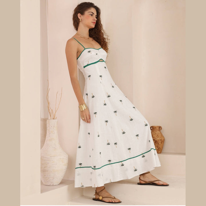 Palms Embroidered Green Tropical Maxi Dress