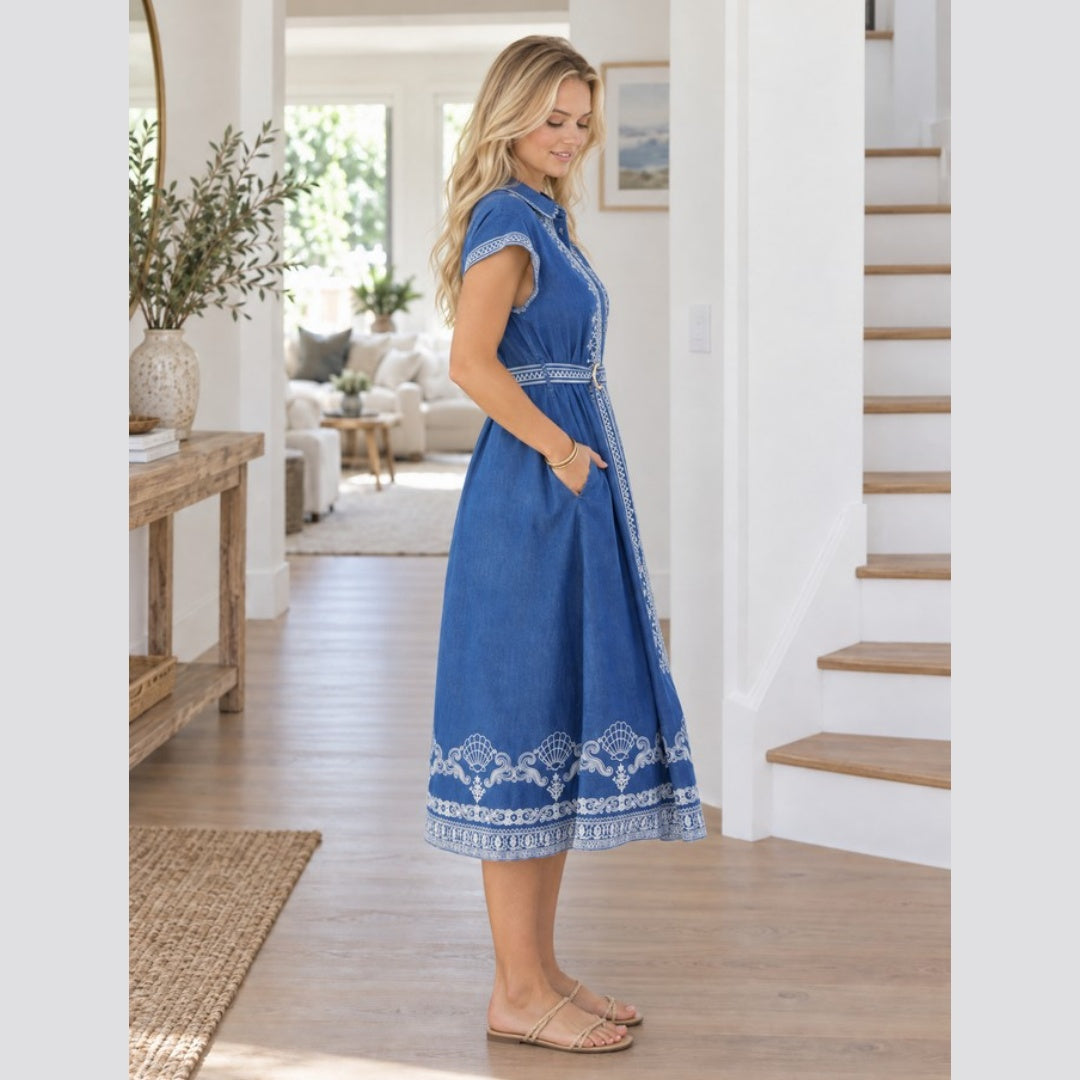 Blue Willow Embroidered Denim Dress