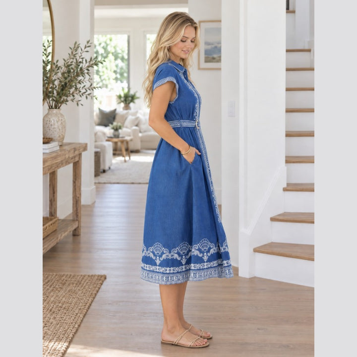 Blue Willow Embroidered Denim Dress