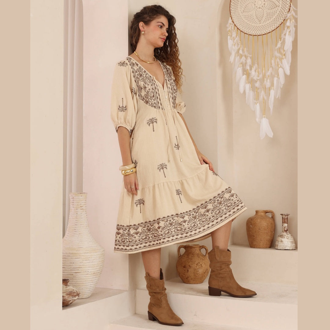 Melanie MIDI DRESS - EMB BROWN