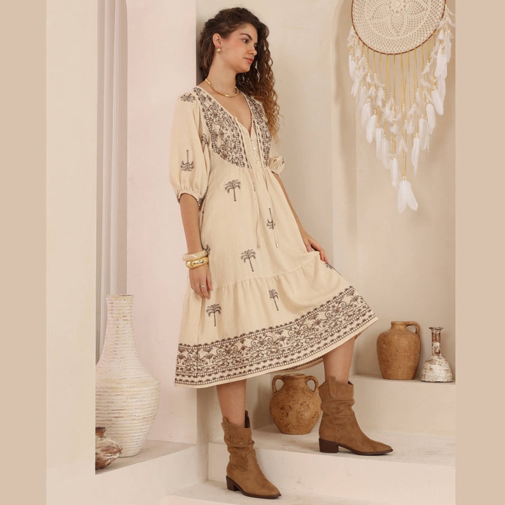 Melanie MIDI DRESS - EMB BROWN